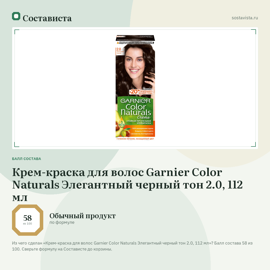 Крем-краска для волос Garnier Color Naturals Элегантный черный тон 2.0, 112 мл: балл состава 58 из 100 — Состависта