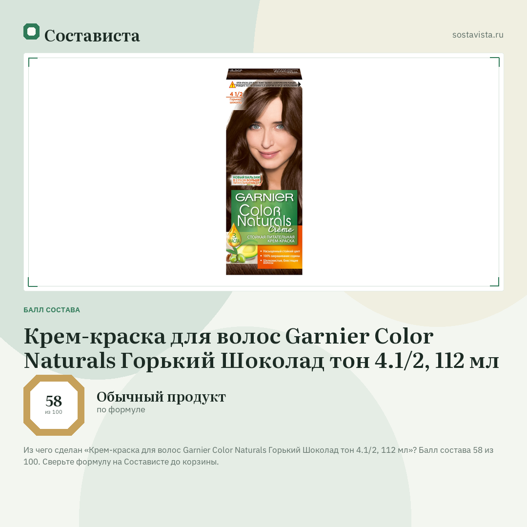 Крем-краска для волос Garnier Color Naturals Горький Шоколад тон 4.1/2, 112 мл: балл состава 58 из 100 — Состависта