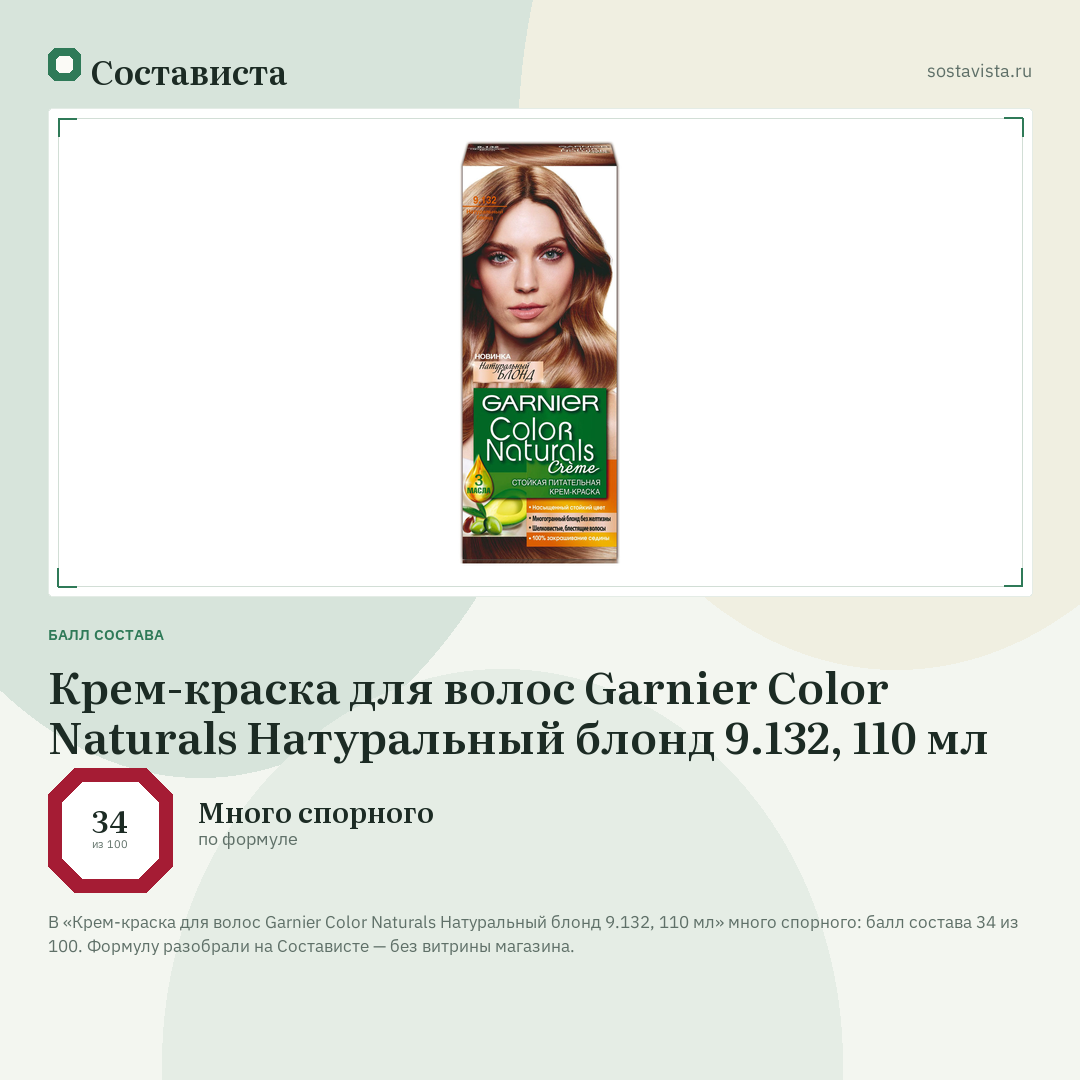 Крем-краска для волос Garnier Color Naturals Натуральный блонд 9.132, 110 мл: балл состава 34 из 100 — Состависта