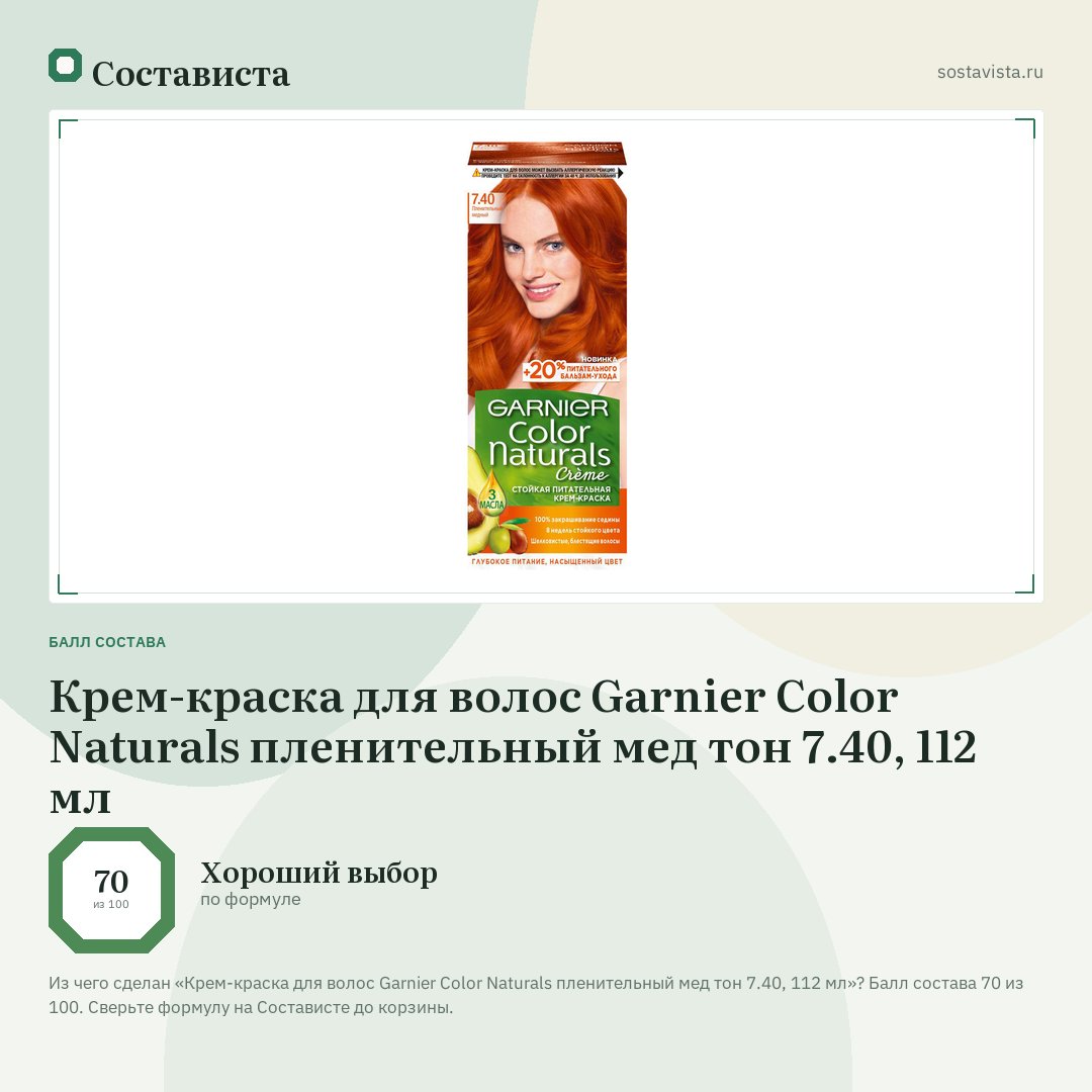 Крем-краска для волос Garnier Color Naturals пленительный мед тон 7.40, 112 мл: балл состава 70 из 100 — Состависта