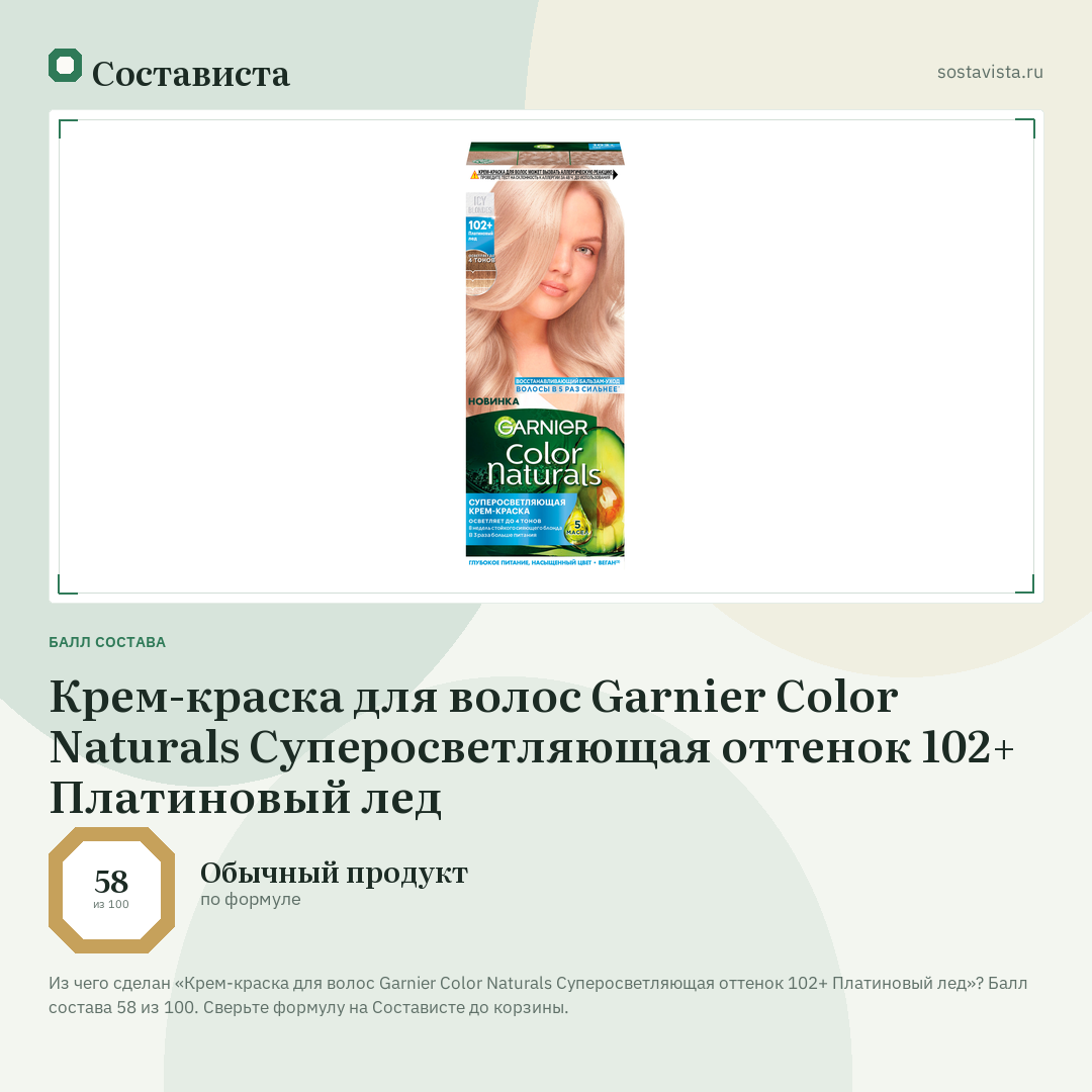 Крем-краска для волос Garnier Color Naturals Суперосветляющая оттенок 102+ Платиновый лед: балл состава 58 из 100 — Состависта