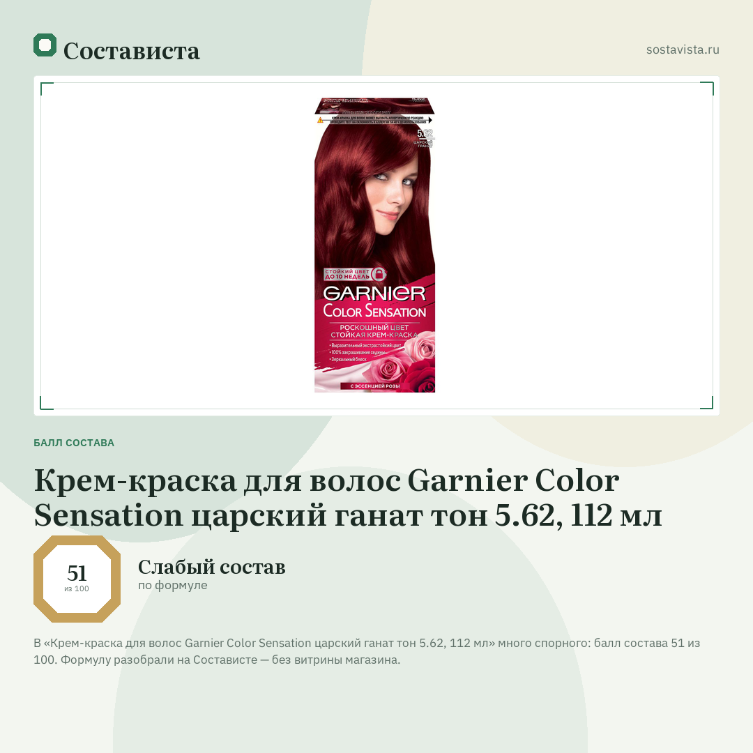 Крем-краска для волос Garnier Color Sensation царский ганат тон 5.62, 112 мл: балл состава 51 из 100 — Состависта