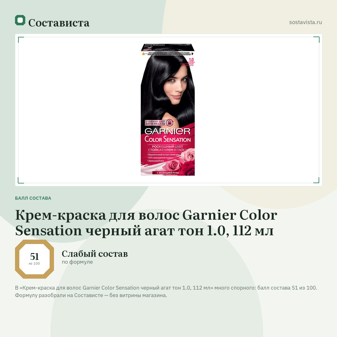 Крем-краска для волос Garnier Color Sensation черный агат тон 1.0, 112 мл: балл состава 51 из 100 — Состависта