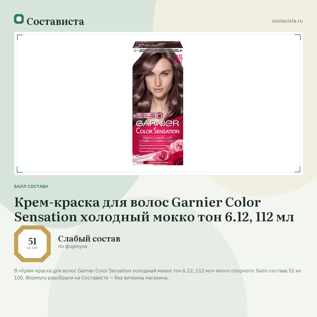 Крем-краска для волос Garnier Color Sensation холодный мокко тон 6.12, 112 мл: балл состава 51 из 100 — Состависта