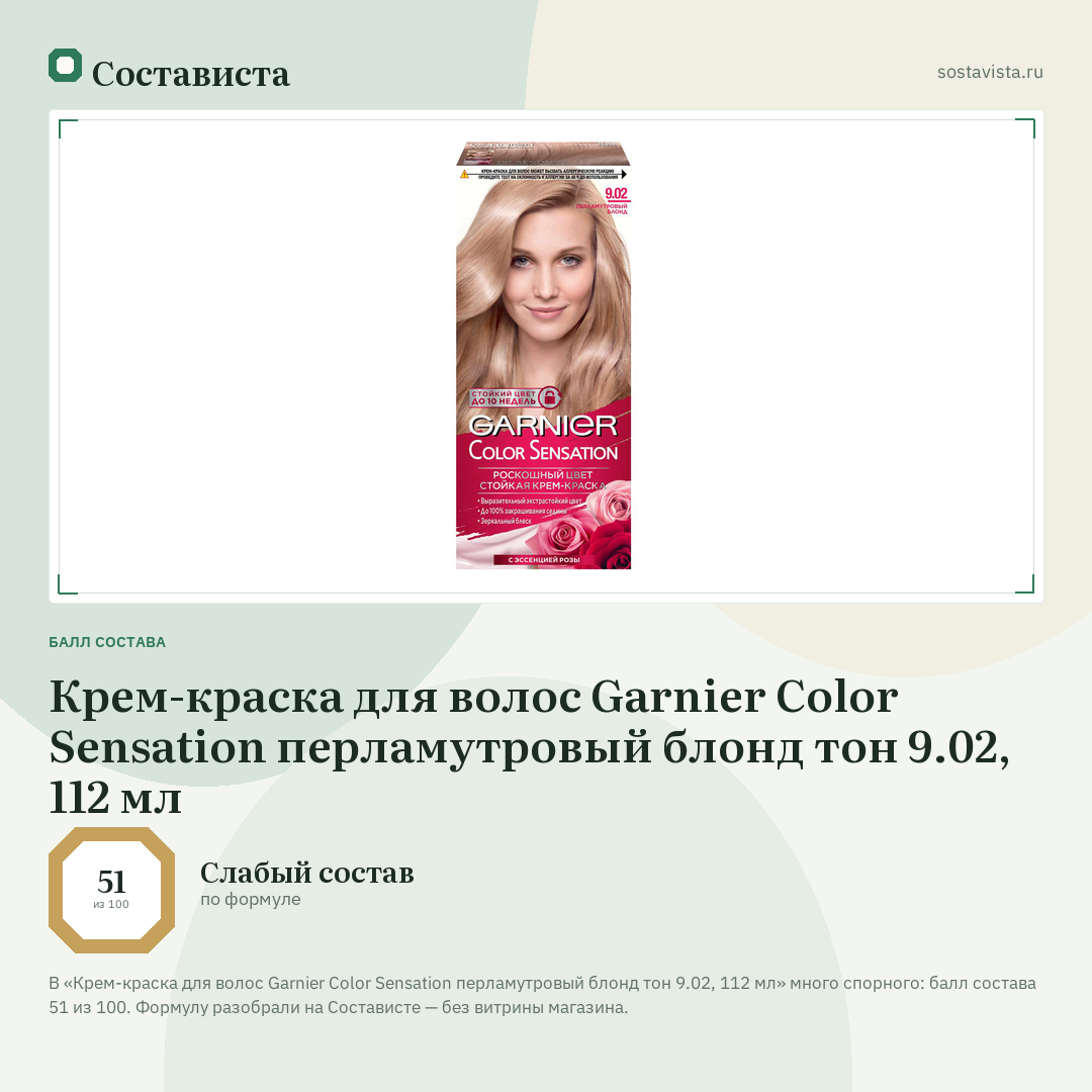 Крем-краска для волос Garnier Color Sensation перламутровый блонд тон 9.02, 112 мл: балл состава 51 из 100 — Состависта