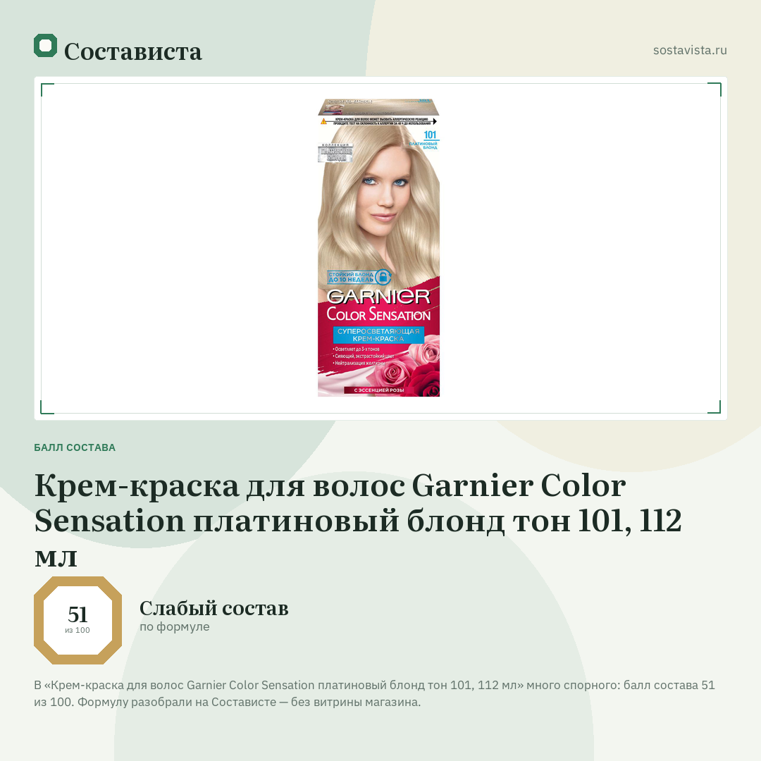 Крем-краска для волос Garnier Color Sensation платиновый блонд тон 101, 112 мл: балл состава 51 из 100 — Состависта