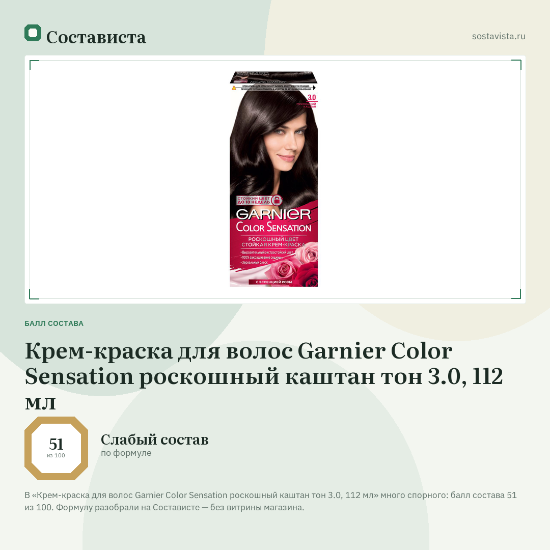 Крем-краска для волос Garnier Color Sensation роскошный каштан тон 3.0, 112 мл: балл состава 51 из 100 — Состависта