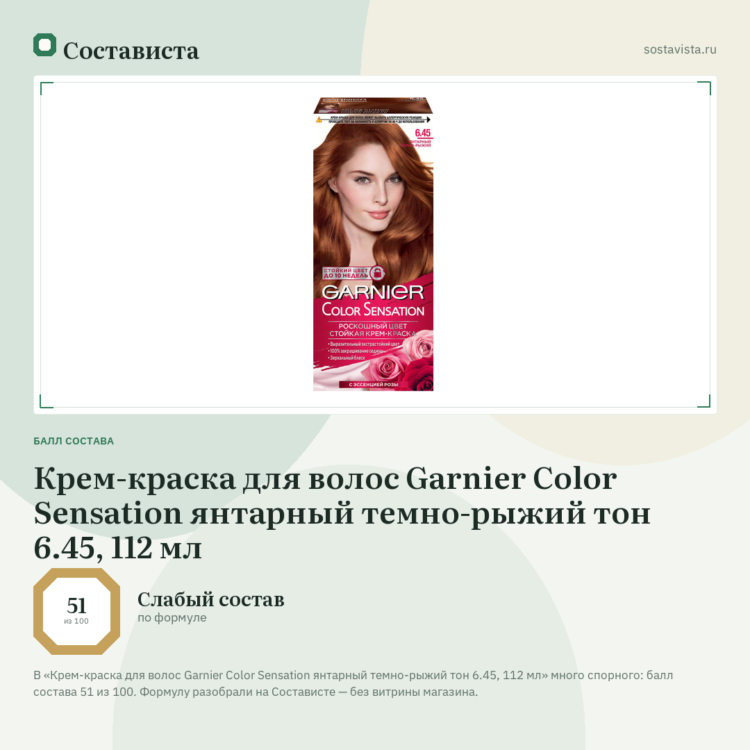 Крем-краска для волос Garnier Color Sensation янтарный темно-рыжий тон 6.45, 112 мл: балл состава 51 из 100 — Состависта