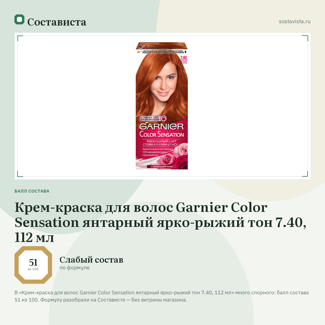Крем-краска для волос Garnier Color Sensation янтарный ярко-рыжий тон 7.40, 112 мл: балл состава 51 из 100 — Состависта