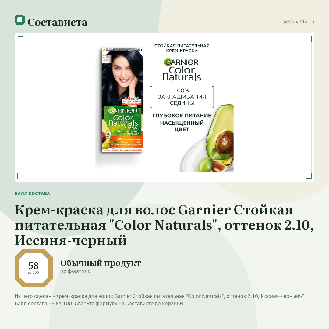 Крем-краска для волос Garnier Стойкая питательная "Color Naturals", оттенок 2.10, Иссиня-черный: балл состава 58 из 100 — Состависта