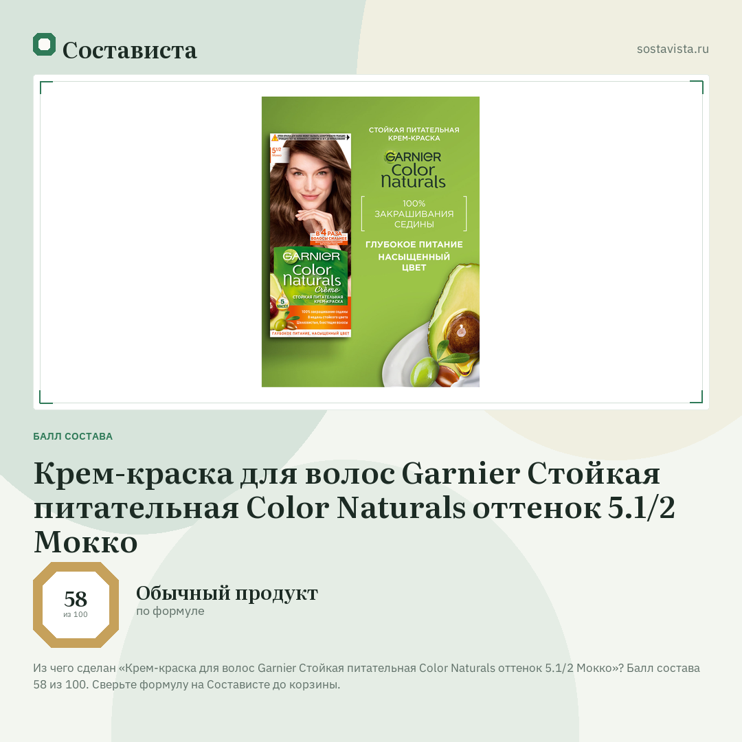 Крем-краска для волос Garnier Стойкая питательная Color Naturals оттенок 5.1/2 Мокко: балл состава 58 из 100 — Состависта