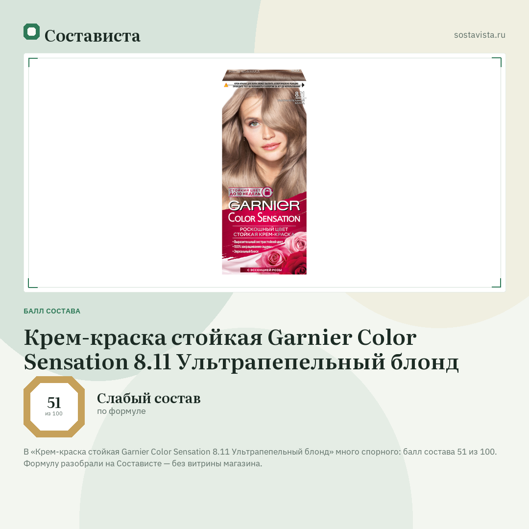 Крем-краска стойкая Garnier Color Sensation 8.11 Ультрапепельный блонд: балл состава 51 из 100 — Состависта