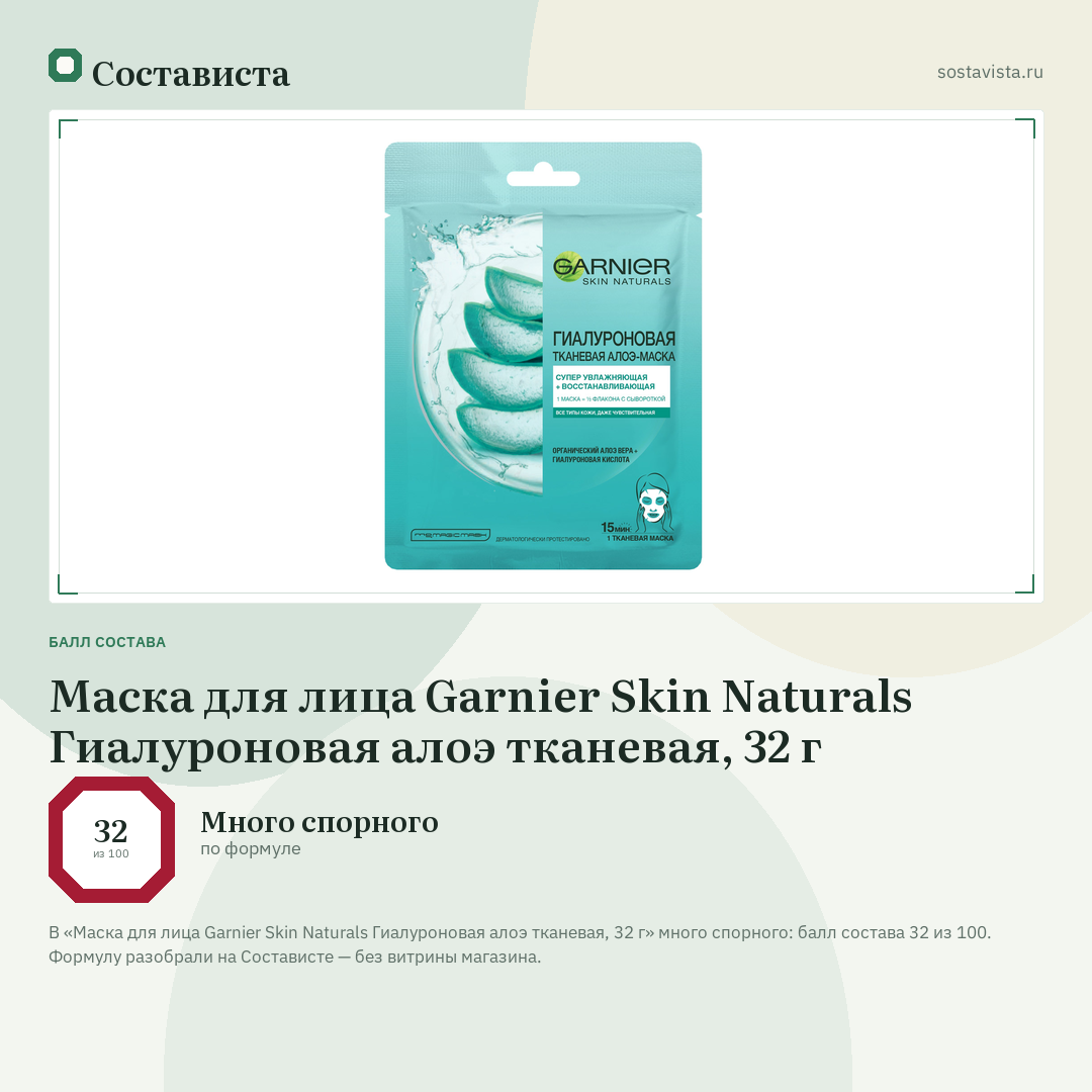 Маска для лица Garnier Skin Naturals Гиалуроновая алоэ тканевая, 32 г: балл состава 32 из 100 — Состависта