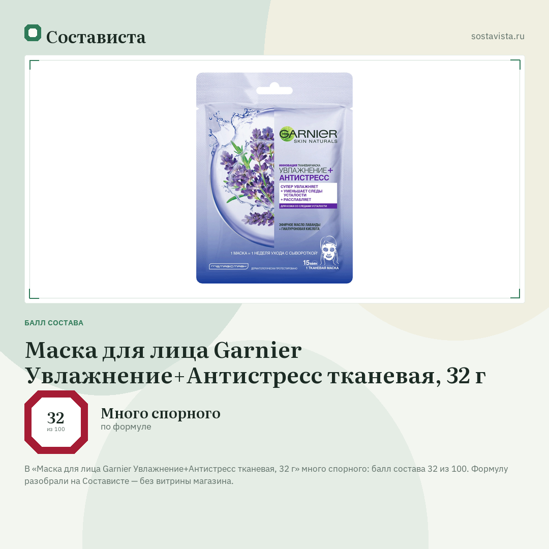 Маска для лица Garnier Увлажнение+Антистресс тканевая, 32 г: балл состава 32 из 100 — Состависта