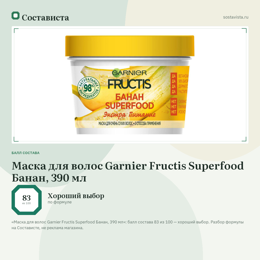 Маска для волос Garnier Fructis Superfood Банан, 390 мл: балл состава 83 из 100 — Состависта