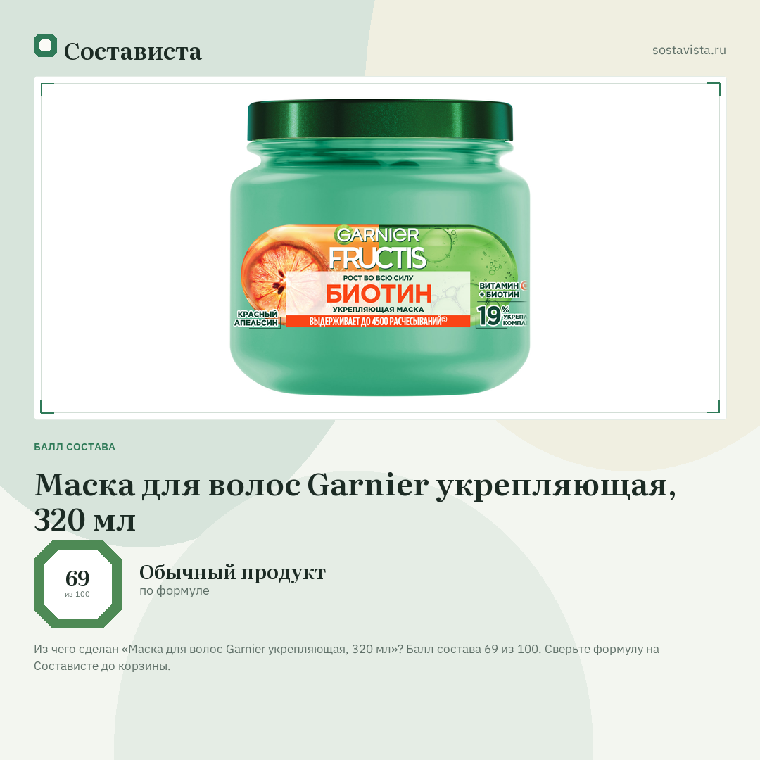 Маска для волос Garnier укрепляющая, 320 мл: балл состава 69 из 100 — Состависта