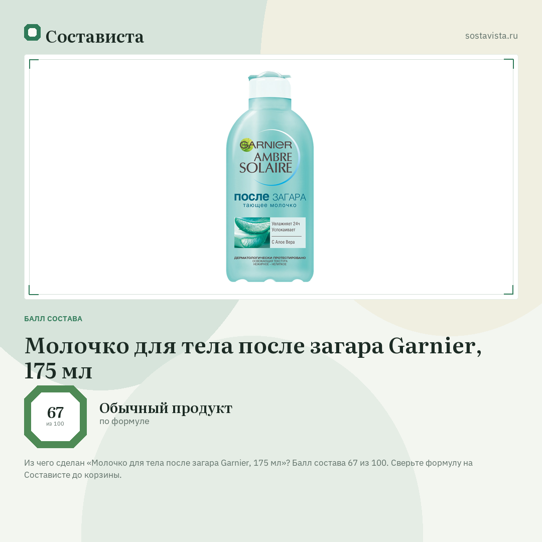 Молочко для тела после загара Garnier, 175 мл: балл состава 67 из 100 — Состависта
