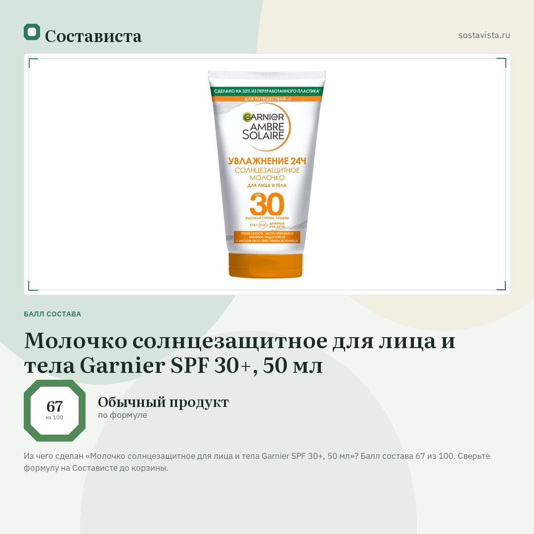 Молочко солнцезащитное для лица и тела Garnier SPF 30+, 50 мл: балл состава 67 из 100 — Состависта