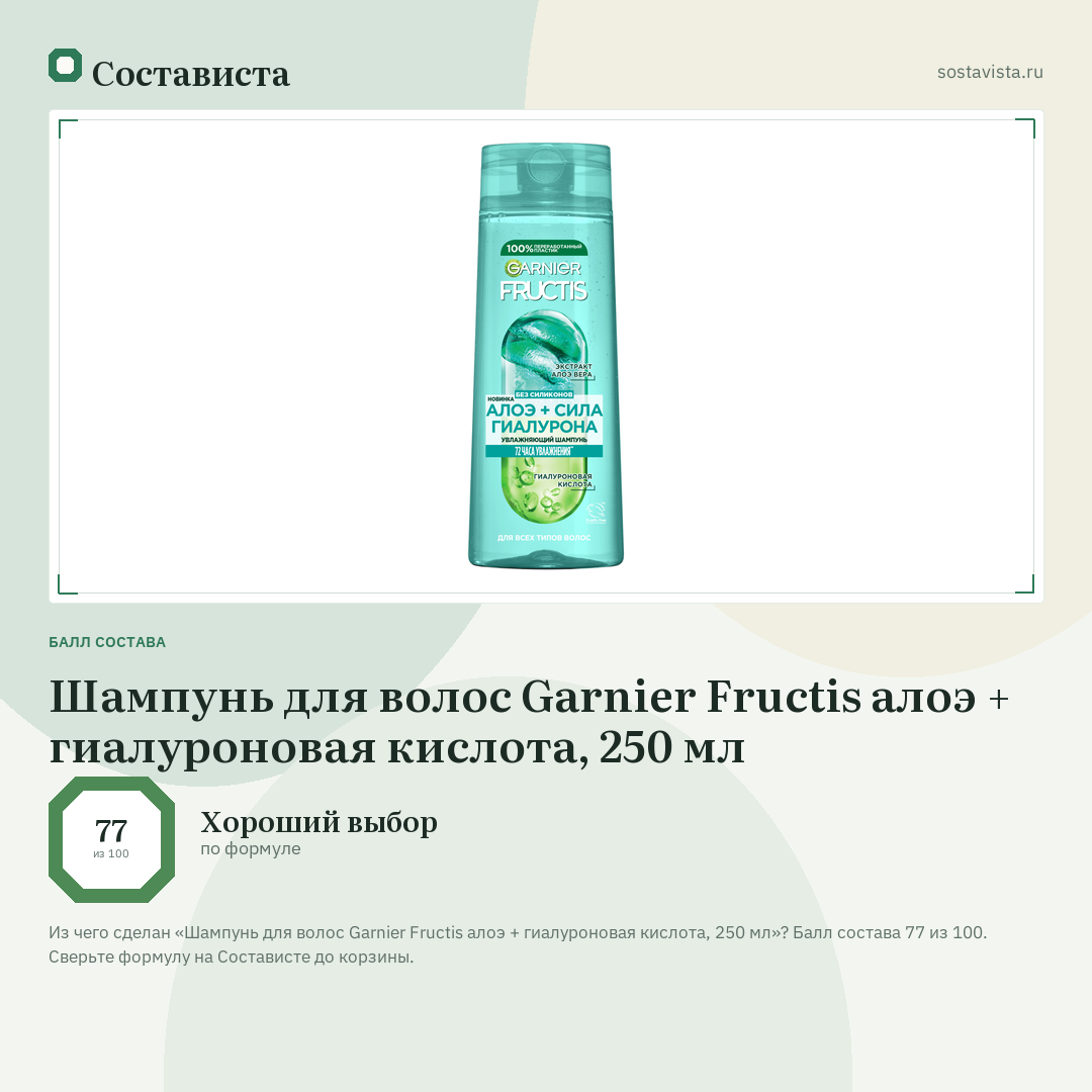 Шампунь для волос Garnier Fructis алоэ + гиалуроновая кислота, 250 мл: балл состава 77 из 100 — Состависта