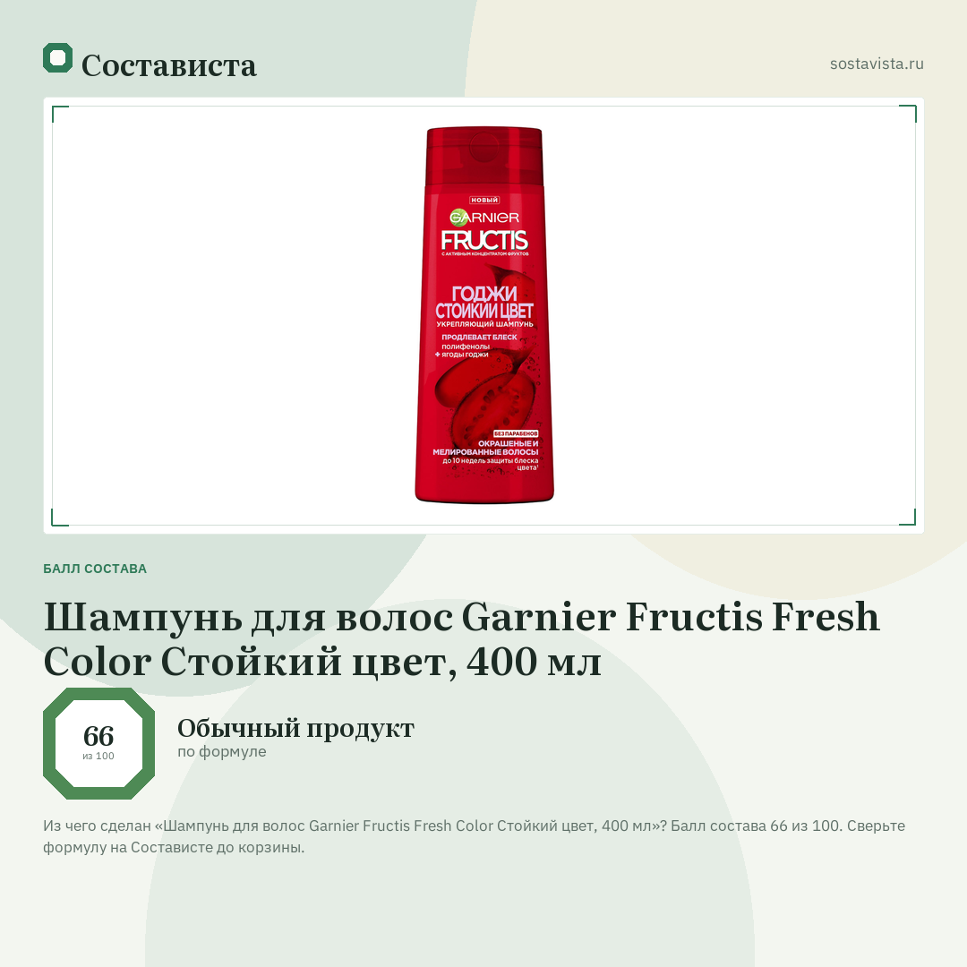 Шампунь для волос Garnier Fructis Fresh Color Стойкий цвет, 400 мл: балл состава 66 из 100 — Состависта