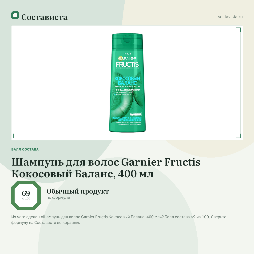 Шампунь для волос Garnier Fructis Кокосовый Баланс, 400 мл: балл состава 69 из 100 — Состависта