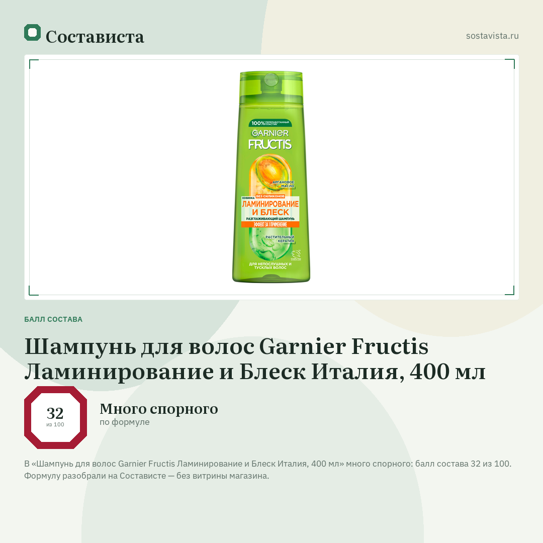 Шампунь для волос Garnier Fructis Ламинирование и Блеск Италия, 400 мл: балл состава 32 из 100 — Состависта