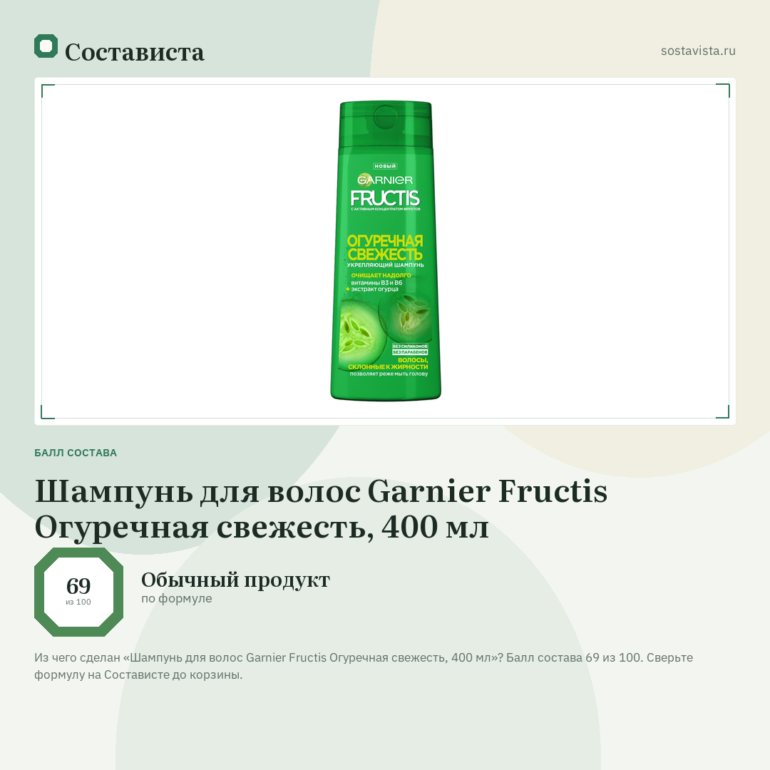 Шампунь для волос Garnier Fructis Огуречная свежесть, 400 мл: балл состава 69 из 100 — Состависта
