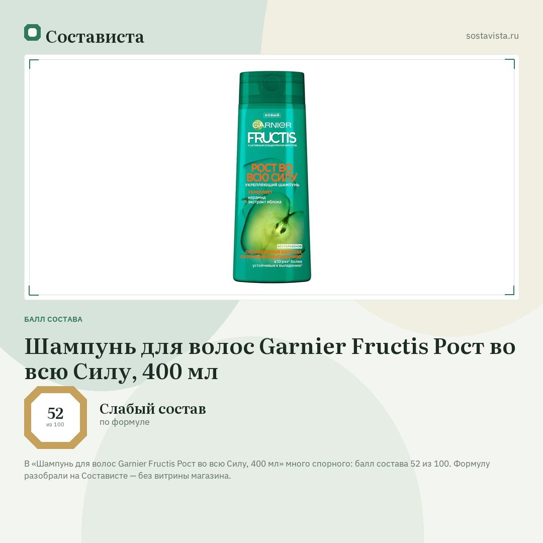 Шампунь для волос Garnier Fructis Рост во всю Силу, 400 мл: балл состава 52 из 100 — Состависта