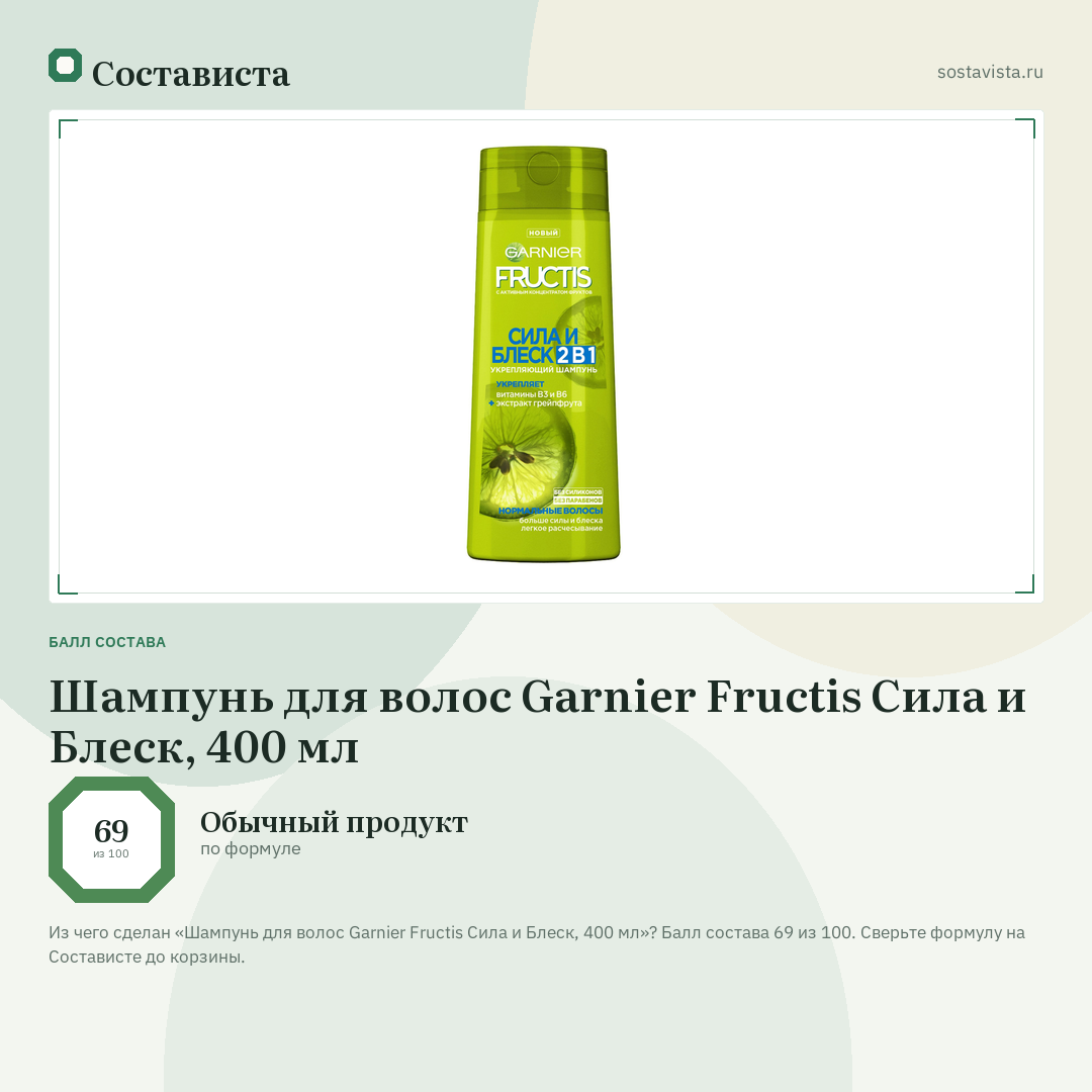 Шампунь для волос Garnier Fructis Сила и Блеск, 400 мл: балл состава 69 из 100 — Состависта