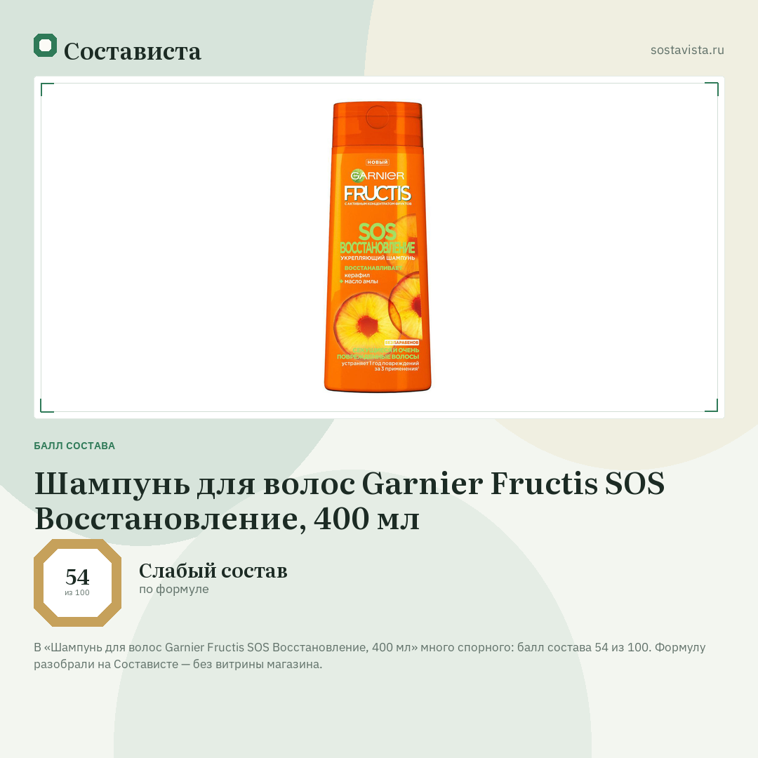 Шампунь для волос Garnier Fructis SOS Восстановление, 400 мл: балл состава 54 из 100 — Состависта