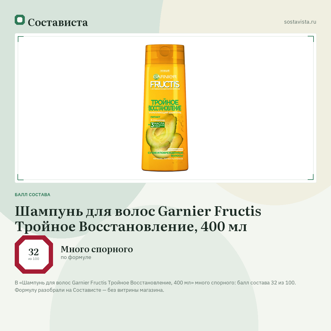 Шампунь для волос Garnier Fructis Тройное Восстановление, 400 мл: балл состава 32 из 100 — Состависта