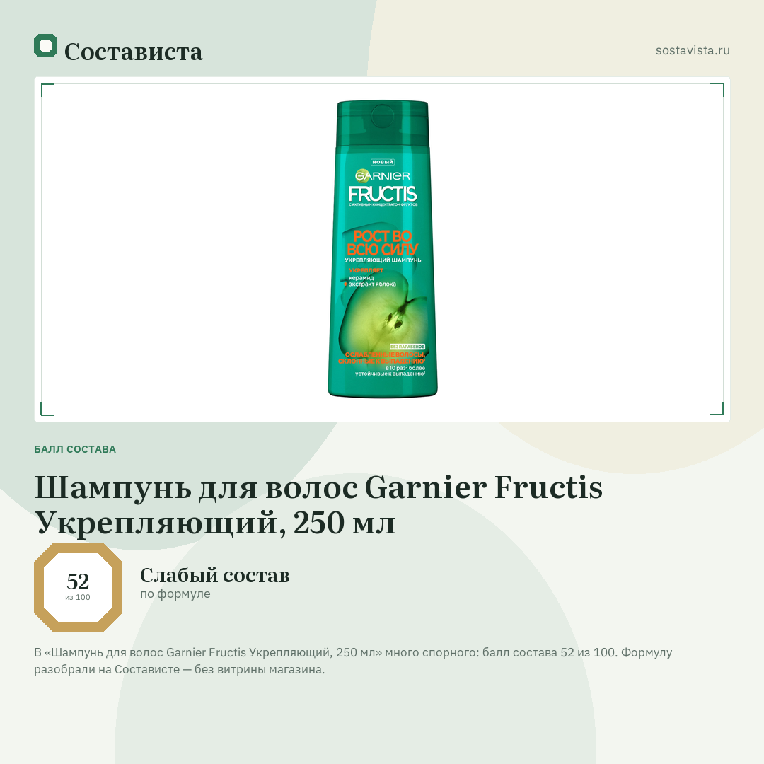 Шампунь для волос Garnier Fructis Укрепляющий, 250 мл: балл состава 52 из 100 — Состависта