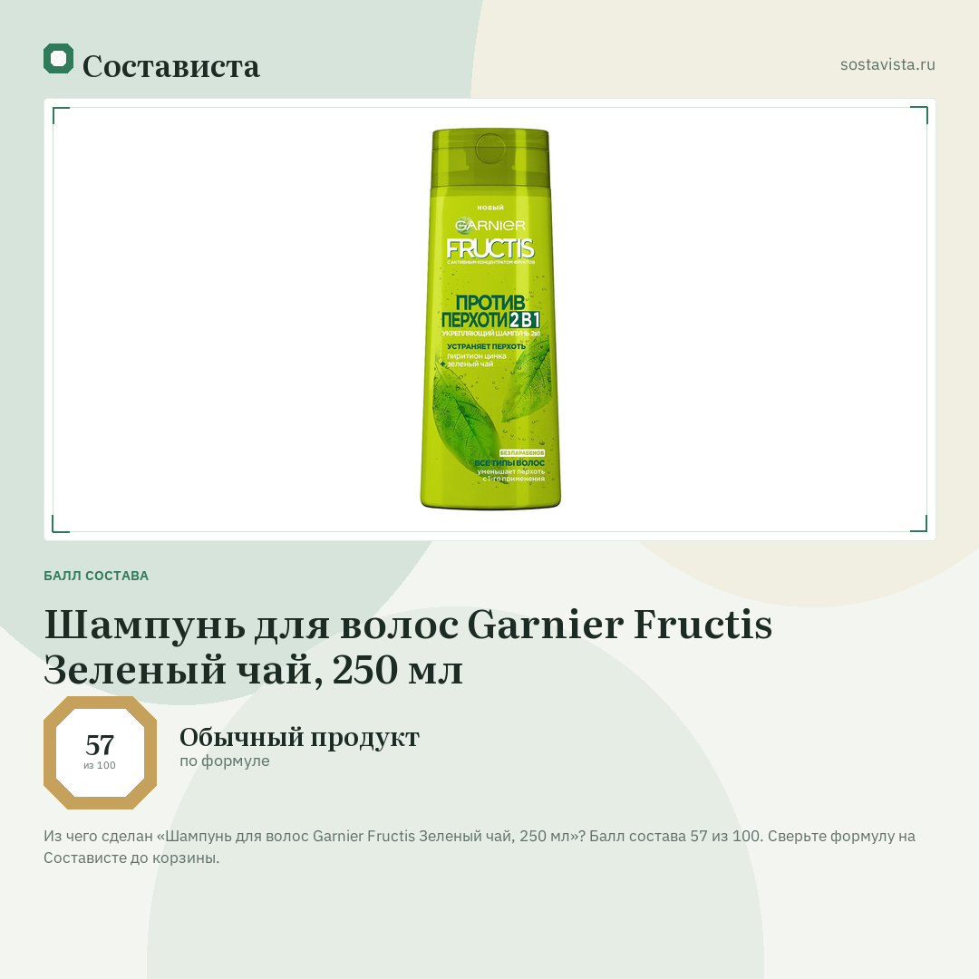 Шампунь для волос Garnier Fructis Зеленый чай, 250 мл: балл состава 57 из 100 — Состависта