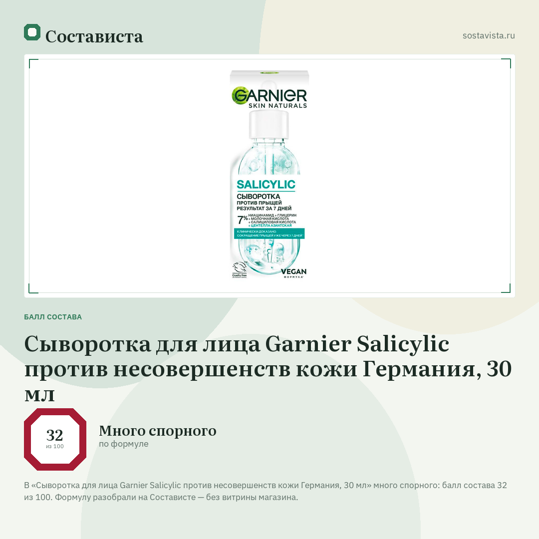 Сыворотка для лица Garnier Salicylic против несовершенств кожи Германия, 30 мл: балл состава 32 из 100 — Состависта