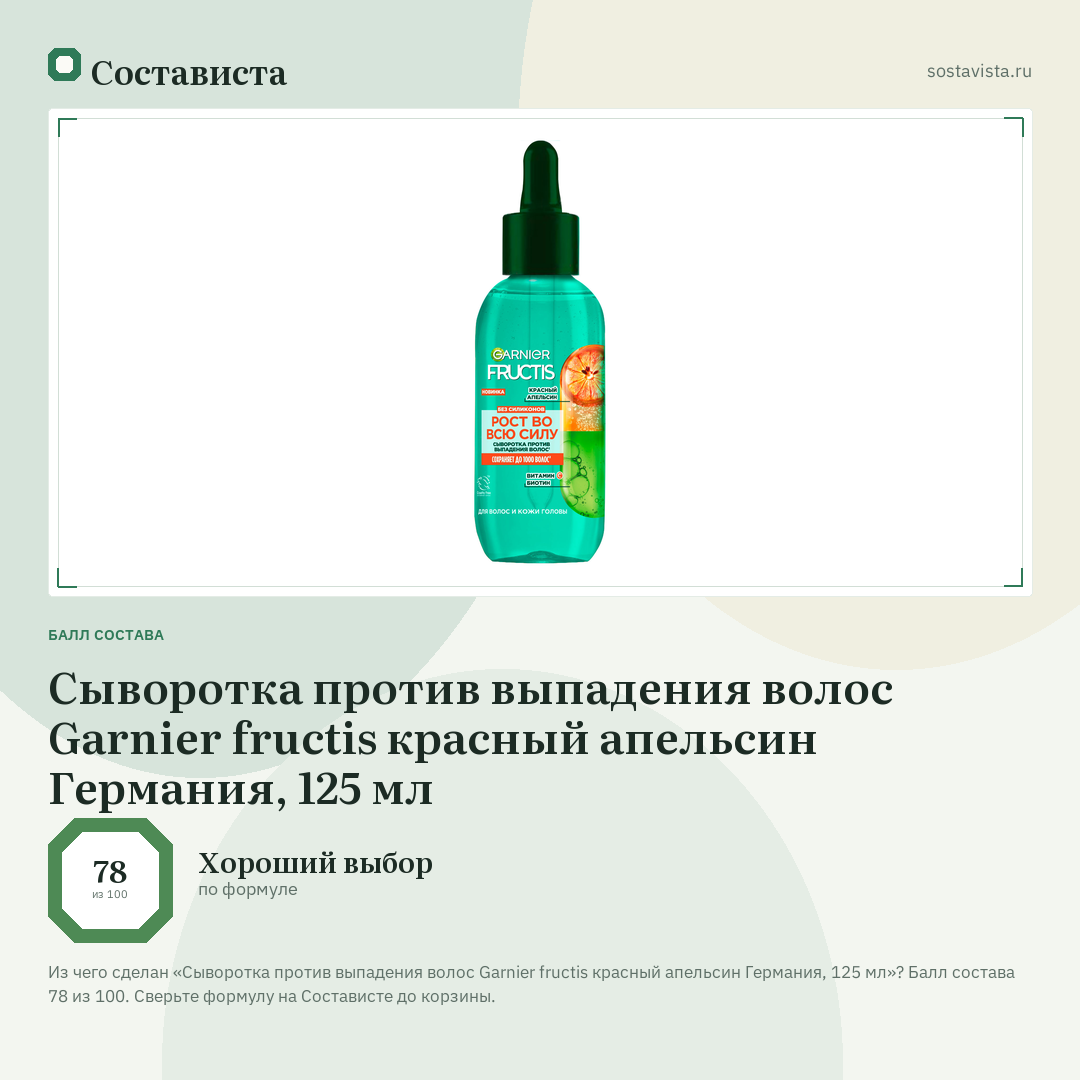 Сыворотка против выпадения волос Garnier fructis красный апельсин Германия, 125 мл: балл состава 78 из 100 — Состависта