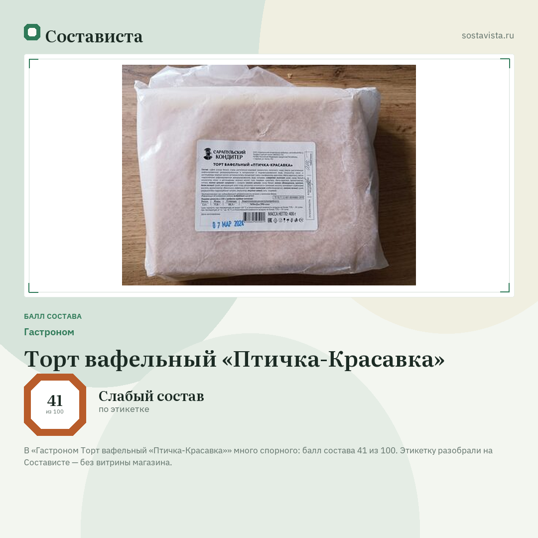 Гастроном Торт вафельный «Птичка-Красавка»: балл состава 41 из 100 — Состависта