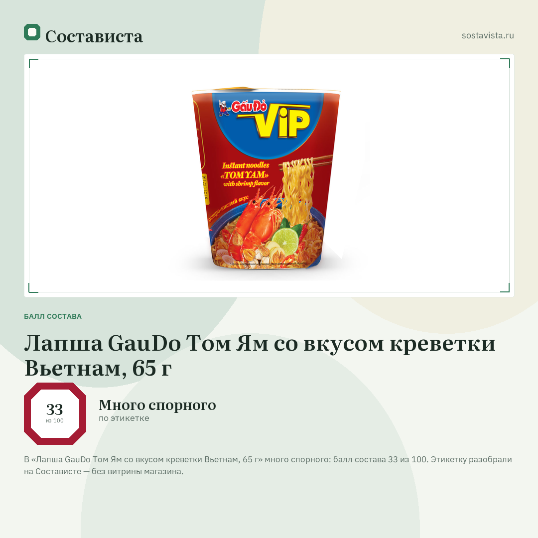 Лапша GauDo Том Ям со вкусом креветки Вьетнам, 65 г: балл состава 33 из 100 — Состависта