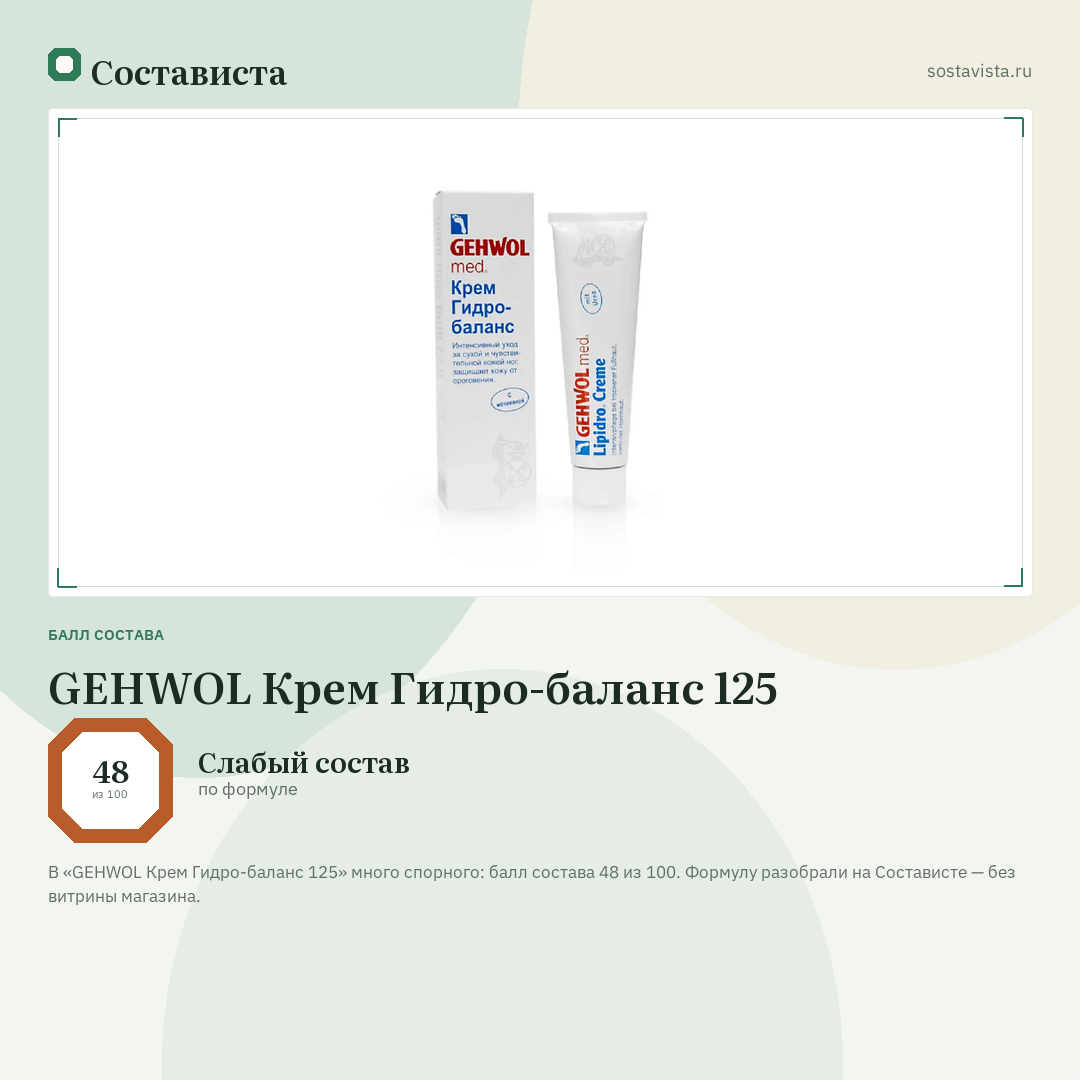 GEHWOL Крем Гидро-баланс 125: балл состава 48 из 100 — Состависта