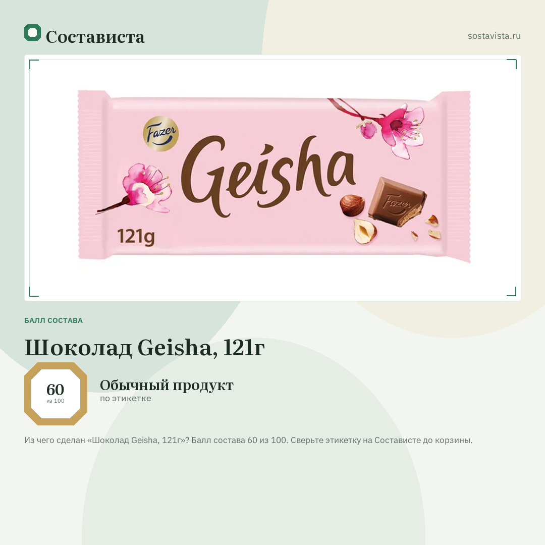 Шоколад Geisha, 121г: балл состава 60 из 100 — Состависта
