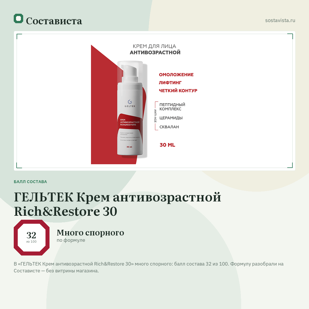 ГЕЛЬТЕК Крем антивозрастной Rich&Restore 30: балл состава 32 из 100 — Состависта