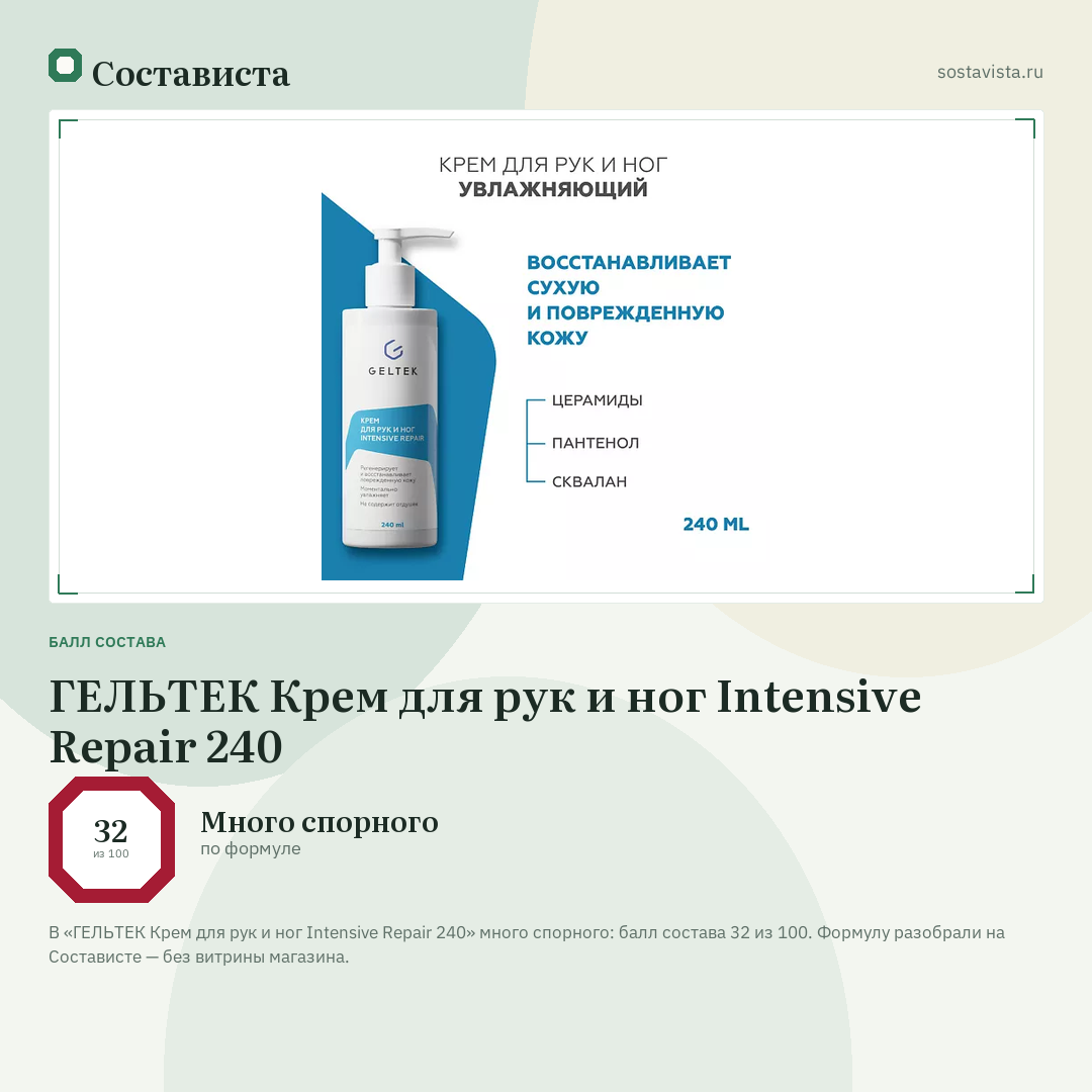 ГЕЛЬТЕК Крем для рук и ног Intensive Repair 240: балл состава 32 из 100 — Состависта