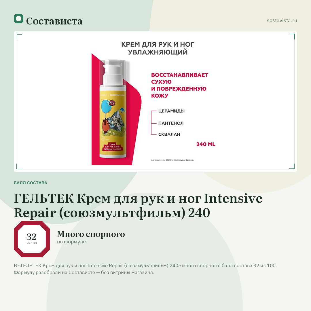 ГЕЛЬТЕК Крем для рук и ног Intensive Repair (союзмультфильм) 240: балл состава 32 из 100 — Состависта