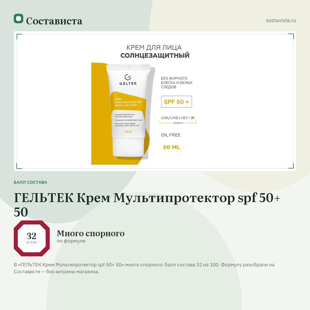 ГЕЛЬТЕК Крем Мультипротектор spf 50+ 50: балл состава 32 из 100 — Состависта