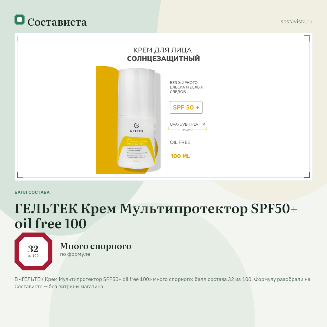 ГЕЛЬТЕК Крем Мультипротектор SPF50+ oil free 100: балл состава 32 из 100 — Состависта
