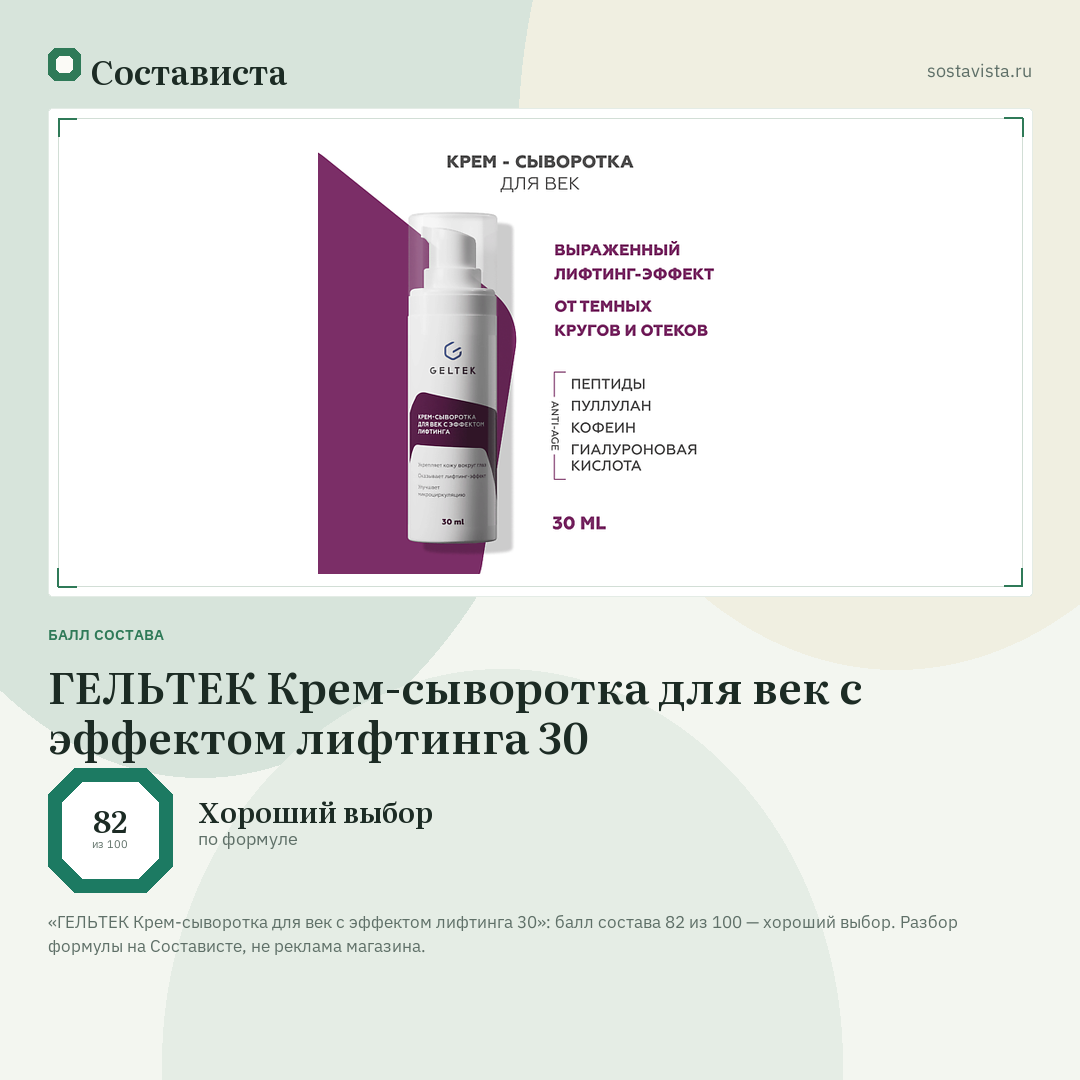 ГЕЛЬТЕК Крем-сыворотка для век с эффектом лифтинга 30: балл состава 82 из 100 — Состависта