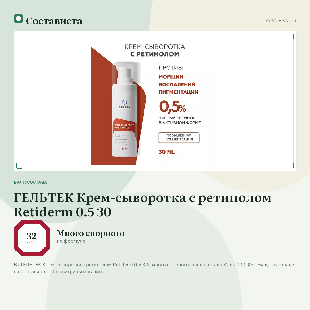 ГЕЛЬТЕК Крем-сыворотка с ретинолом Retiderm 0.5 30: балл состава 32 из 100 — Состависта