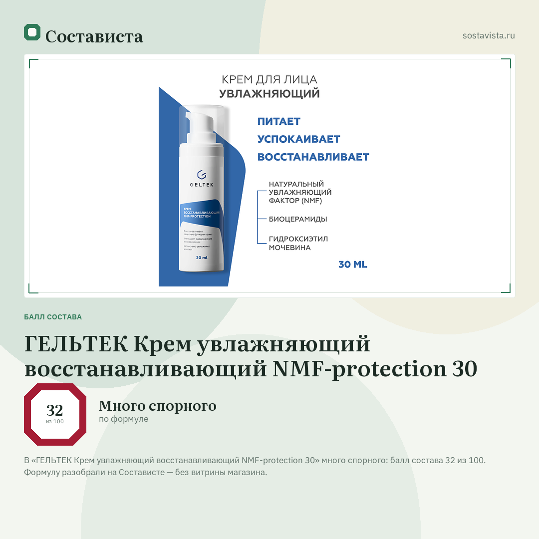 ГЕЛЬТЕК Крем увлажняющий восстанавливающий NMF-protection 30: балл состава 32 из 100 — Состависта