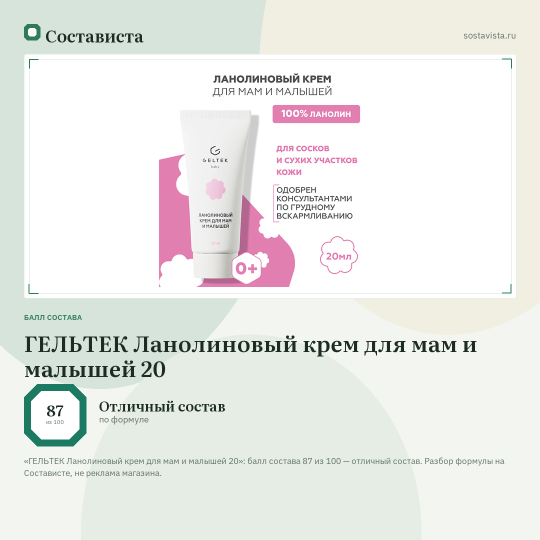 ГЕЛЬТЕК Ланолиновый крем для мам и малышей 20: балл состава 87 из 100 — Состависта