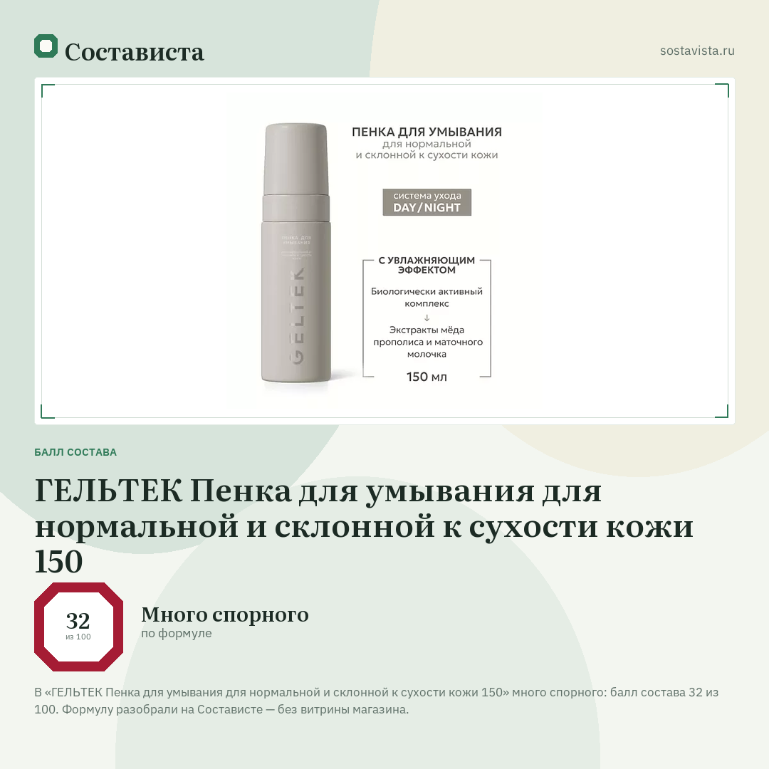 ГЕЛЬТЕК Пенка для умывания для нормальной и склонной к сухости кожи 150: балл состава 32 из 100 — Состависта