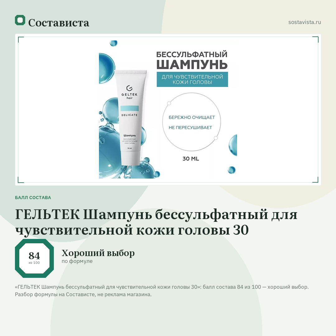 ГЕЛЬТЕК Шампунь бессульфатный для чувствительной кожи головы 30: балл состава 84 из 100 — Состависта